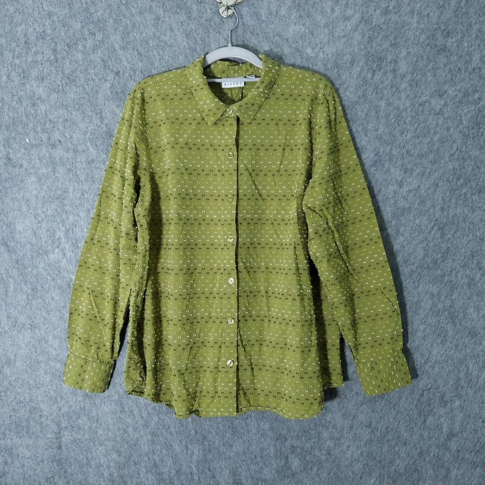 Joan Rivers Women Button Up Shirt M Green Boho‎ Textured Clipped Dot Long Sleeve